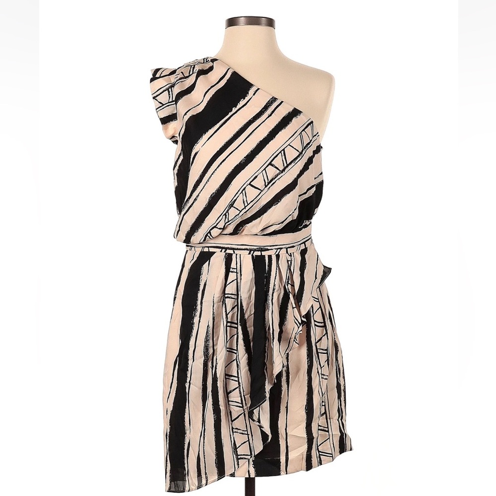 BCBGeneration Tan Striped One Shoulder Ruched Wrap Dress Size 4